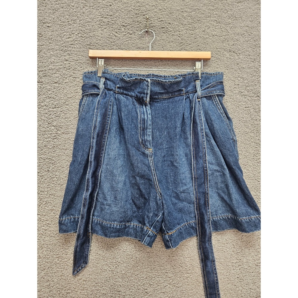 Boden Denim Shorts 8 Blue Paperbag Waist High Rise Belted Pleated Wide Leg